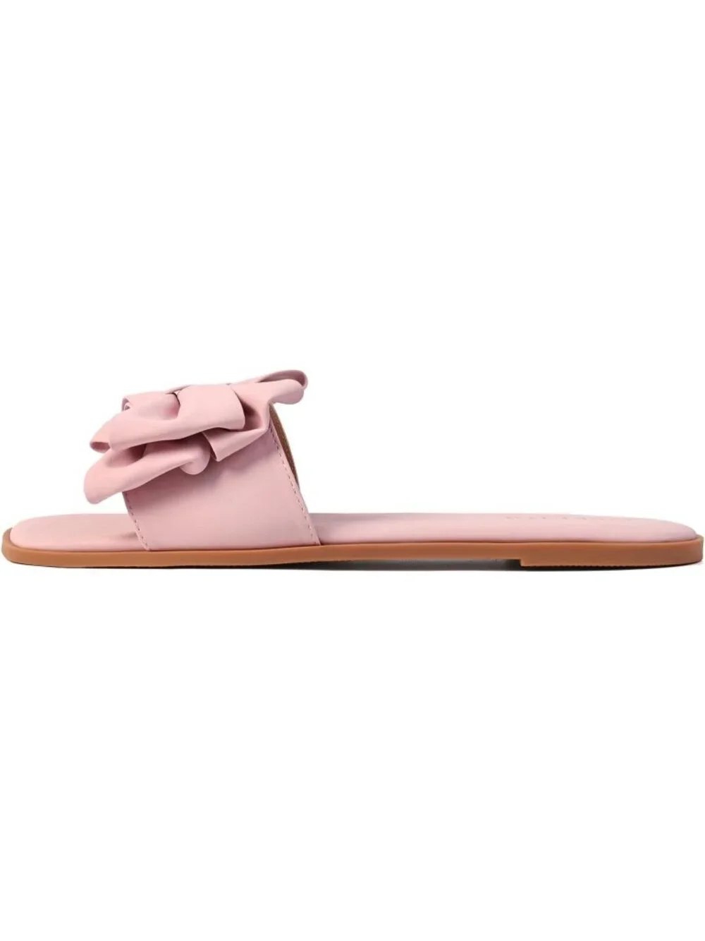 Women's Pink Faux Leather Bow Flat Sandals Open Saquare Toe Comfortable Slide